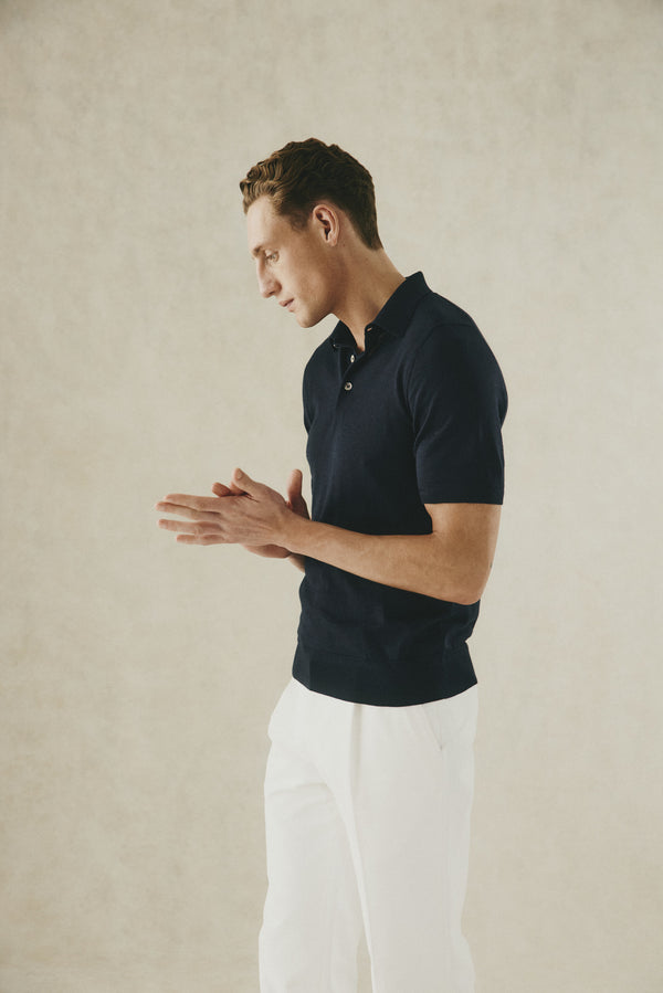 Gieves & Hawkes Dicken Short Sleeve Merino Wool Silk & Cashmere Polo Knit Navy