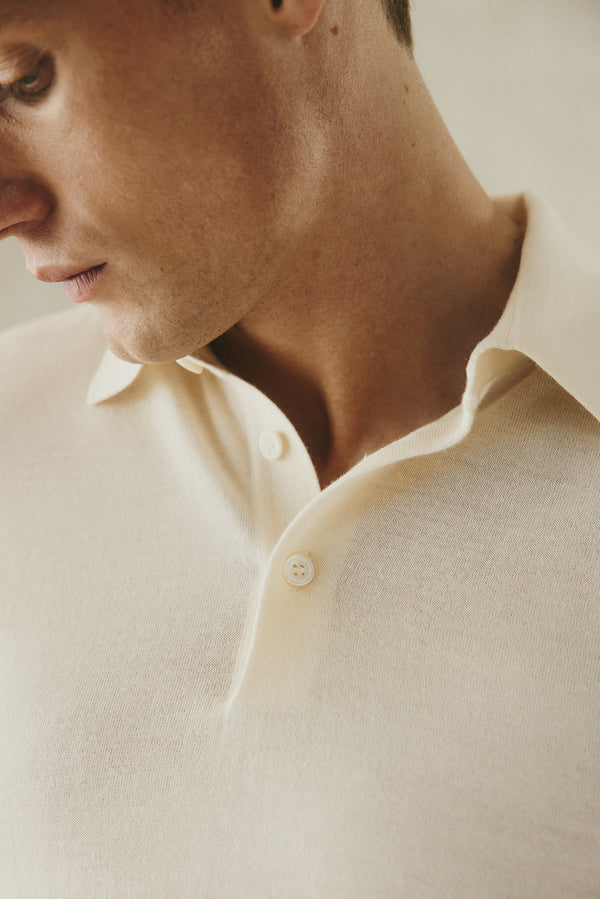 Gieves & Hawkes Dicken Short Sleeve Merino Wool Silk & Cashmere Polo Knit Ecru
