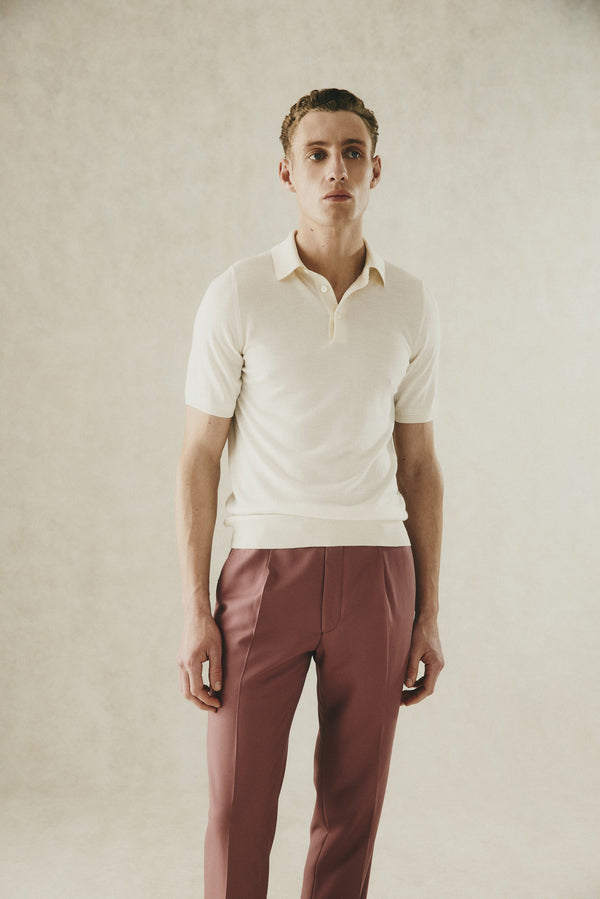 gieves & hawkes Dicken Short Sleeve Merino Wool Silk & Cashmere Polo Knit Ecru