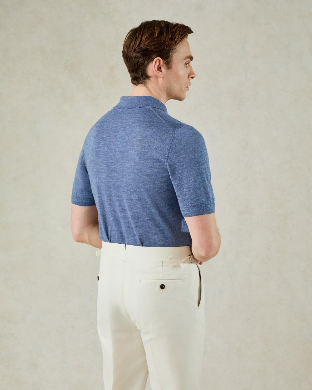 Gieves & Hawkes Dicken Short Sleeve Merino Wool Silk & Cashmere Polo Knit Light Blue