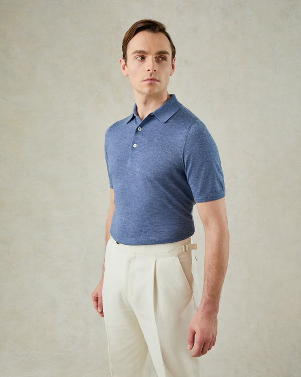 gieves & hawkes Dicken Short Sleeve Merino Wool Silk & Cashmere Polo Knit Light Blue