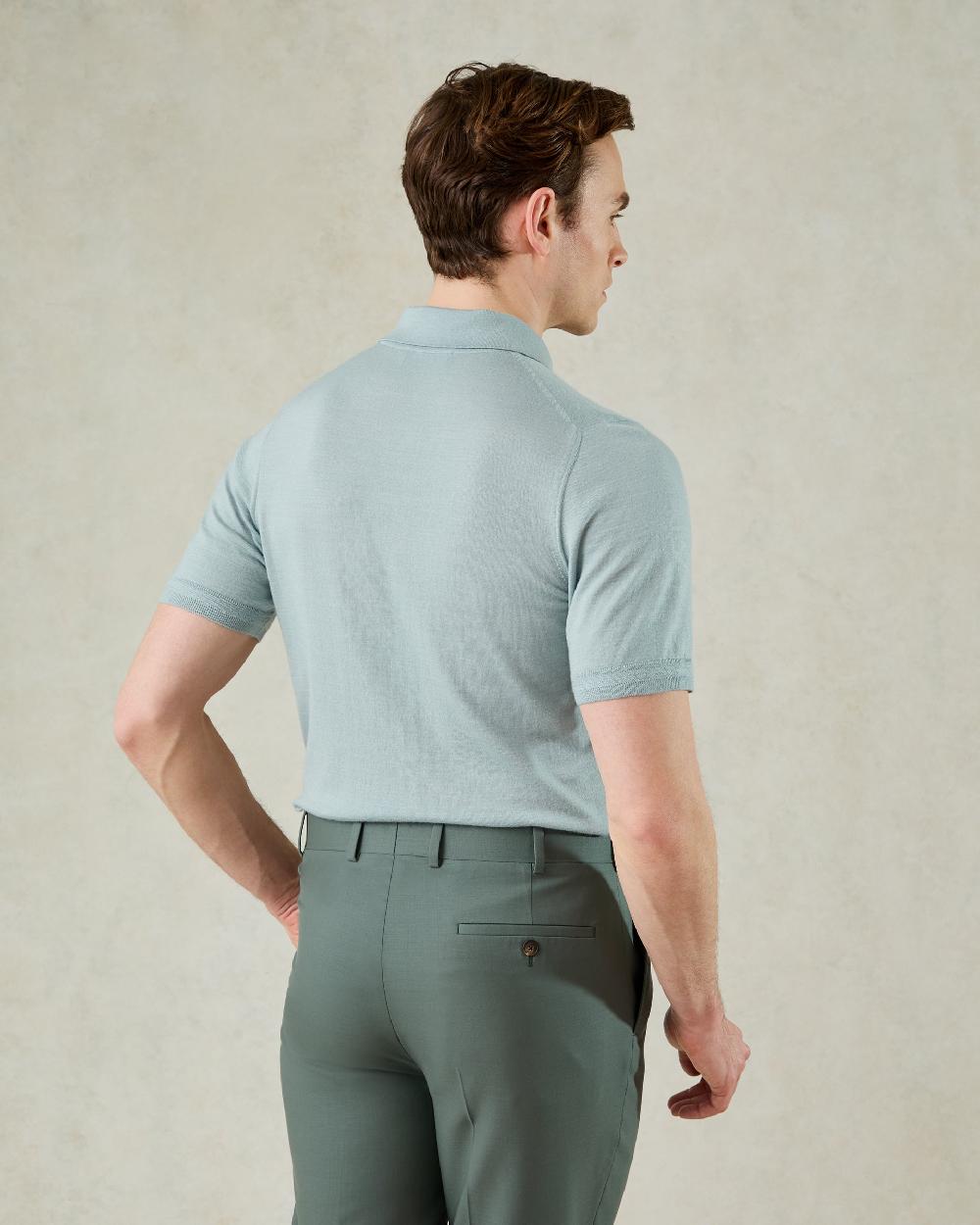 Gieves & Hawkes Dicken Short Sleeve Merino Wool Silk & Cashmere Polo Knit Mint Blue