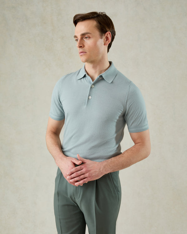 gieves & hawkes Dicken Short Sleeve Merino Wool Silk & Cashmere Polo Knit Mint Blue