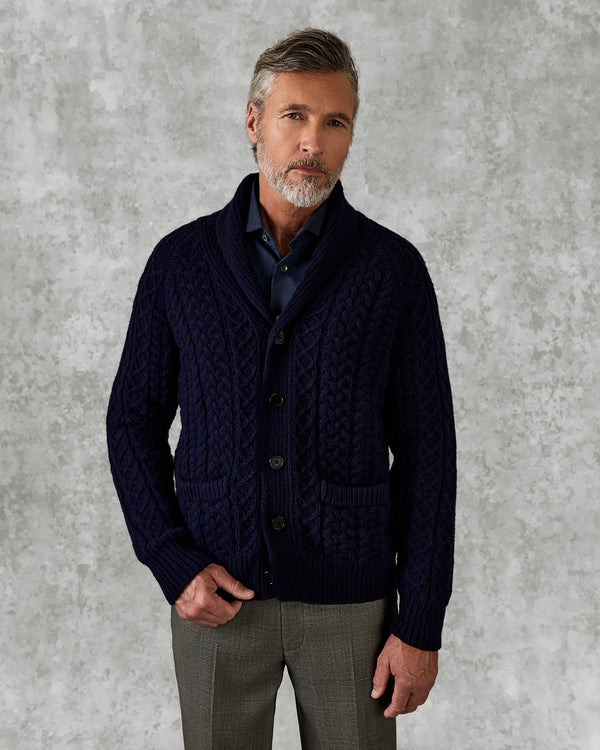 gieves & hawkes Crompton Cable Knit Cardigan Navy