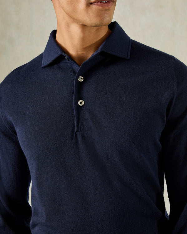 Gieves & Hawkes Grant Long Sleeve Merino Polo Shirt Navy