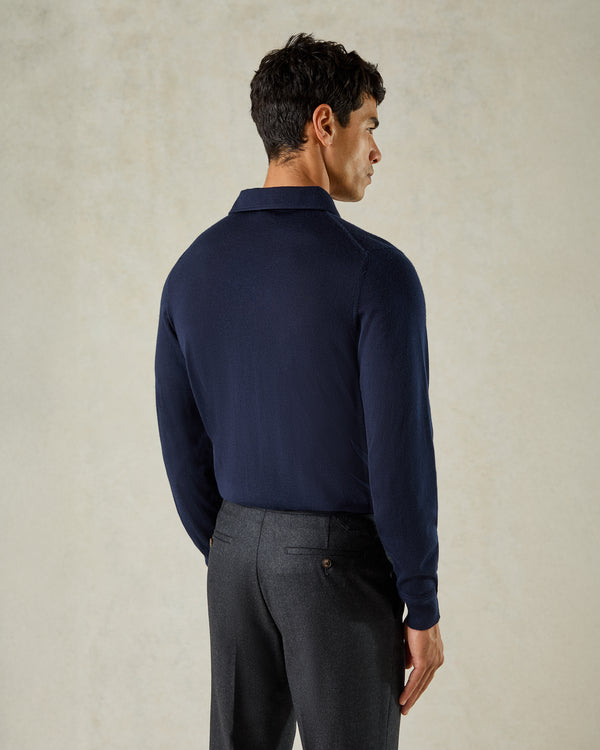 Gieves & Hawkes Grant Long Sleeve Merino Polo Shirt Navy