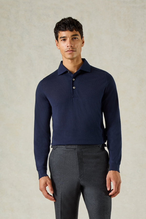 gieves & hawkes Grant Long Sleeve Merino Polo Shirt Navy