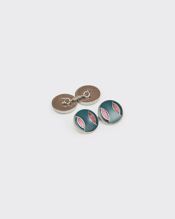 gieves & hawkes Gravener Sterling Sliver Round Enamel Cufflink Aqua & Burgundy