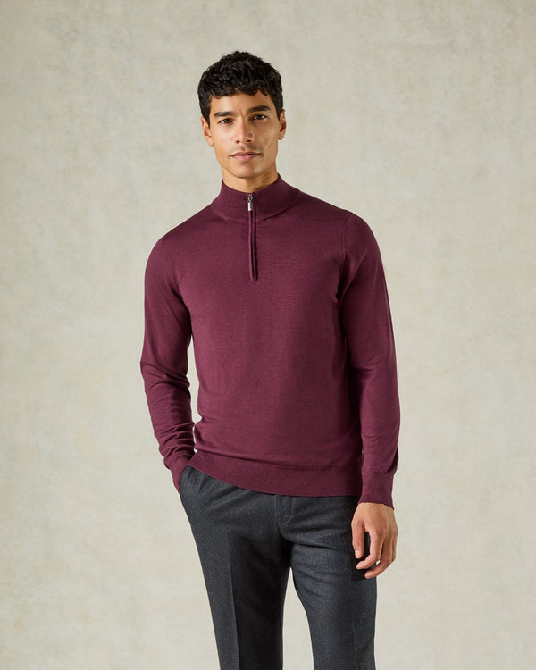 gieves & hawkes Hamilton Wool Silk Cashmere Quarter Zip Knit Burgundy