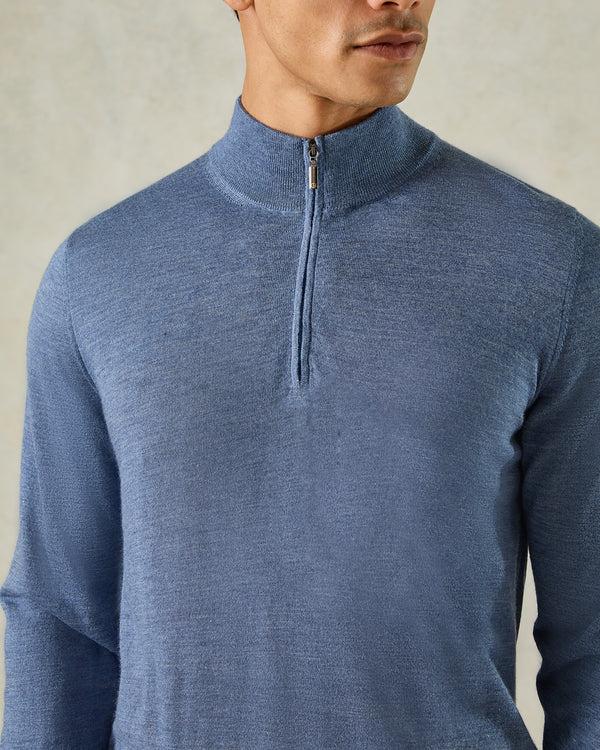 Gieves & Hawkes Hamilton Wool Silk Cashmere Quarter Zip Knit Light Blue