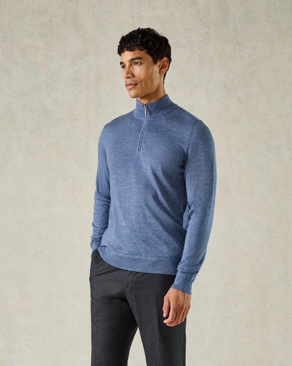 gieves & hawkes Hamilton Wool Silk Cashmere Quarter Zip Knit Light Blue