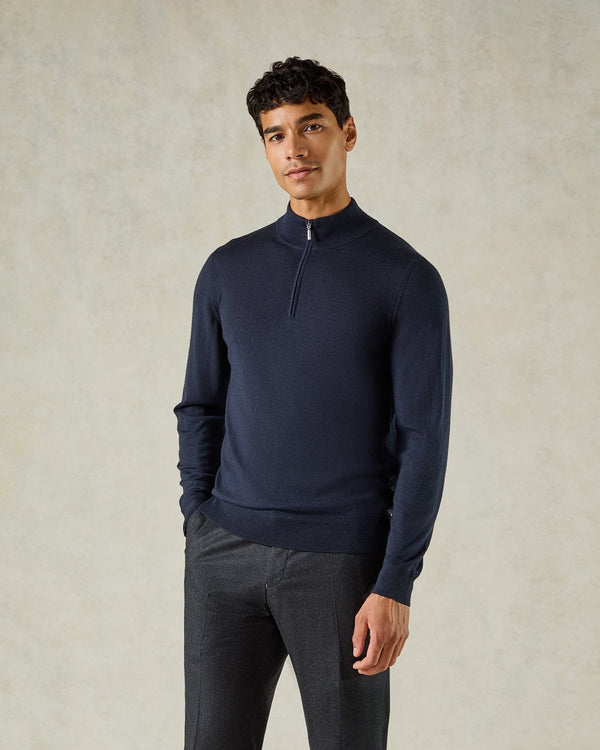 gieves & hawkes Hamilton Wool Silk Cashmere Quarter Zip Knit Navy