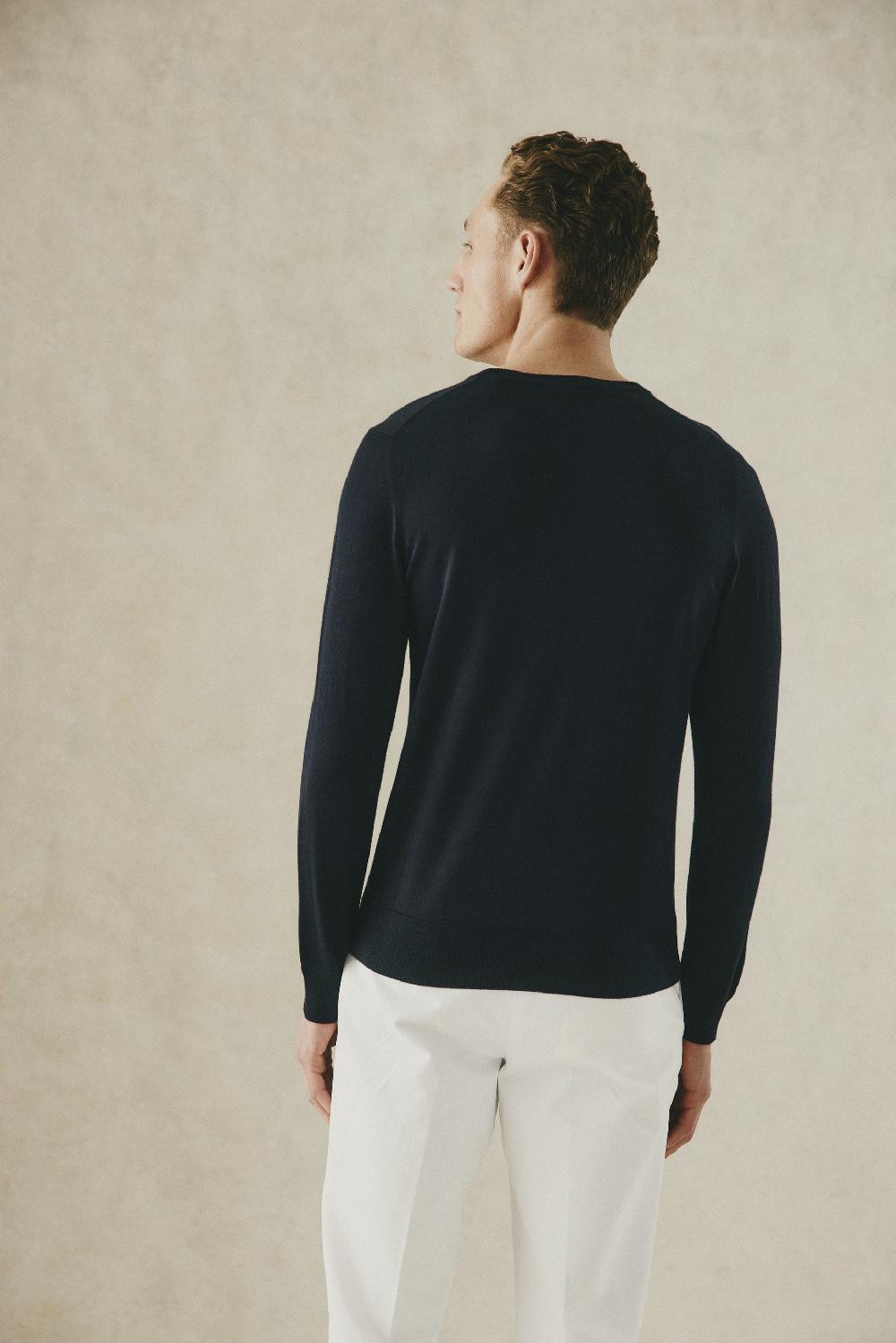 Gieves & Hawkes Lucas Merino Wool Silk & Cashmere Crew Jumper Navy