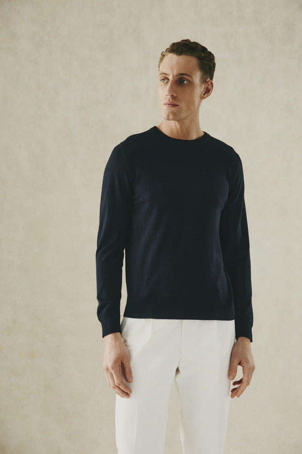 gieves & hawkes Lucas Merino Wool Silk & Cashmere Crew Jumper Navy