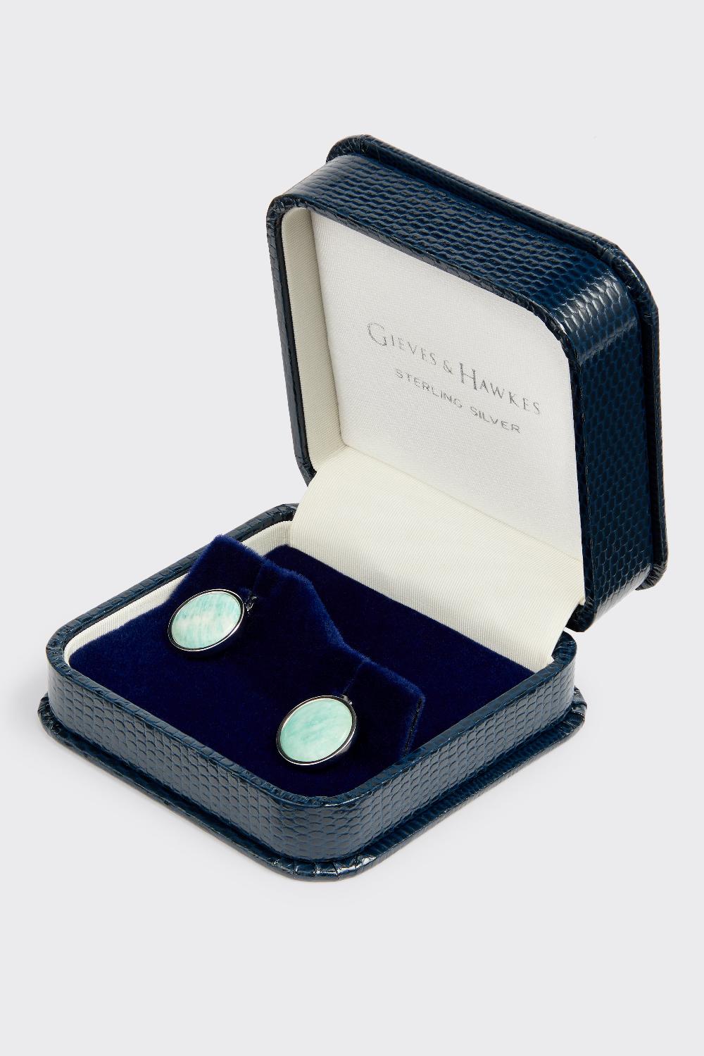 Gieves & Hawkes Tisdall Clint Sterling Silver Cufflinks Ice Blue Sodalite