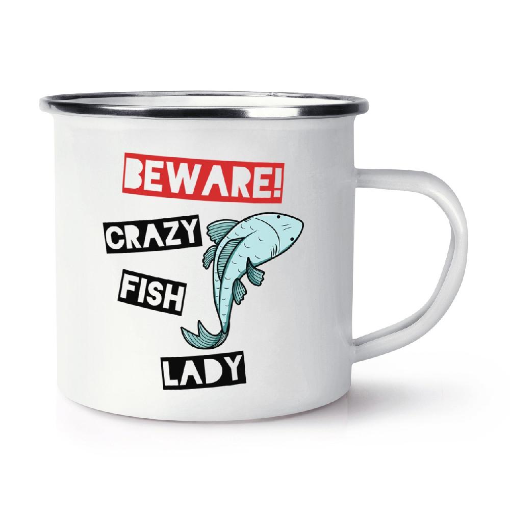 gift base Beware Crazy Fish Lady Retro Enamel Mug Cup