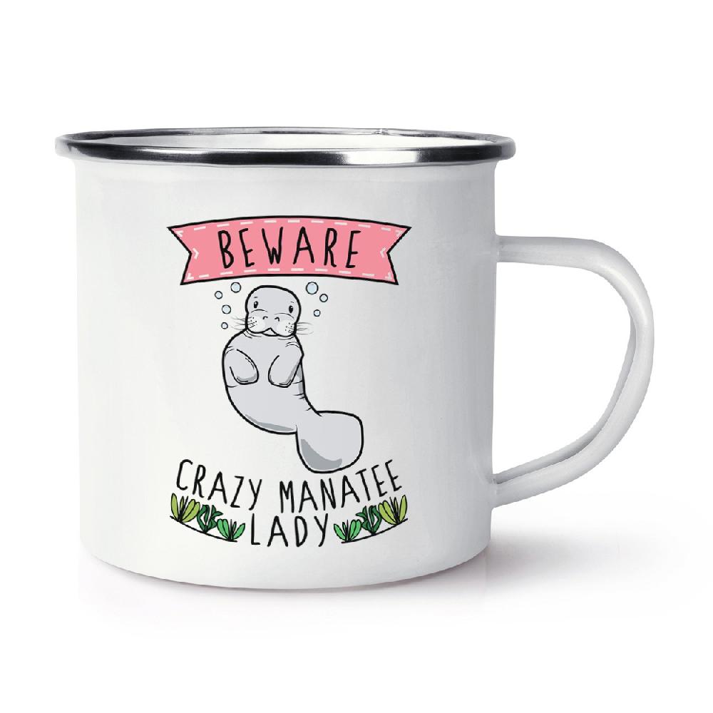 gift base Beware Crazy Manatee Lady Retro Enamel Mug Cup