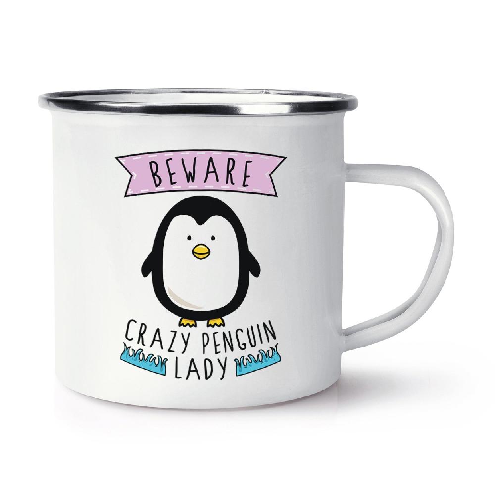 gift base Beware Crazy Penguin Lady Retro Enamel Mug Cup