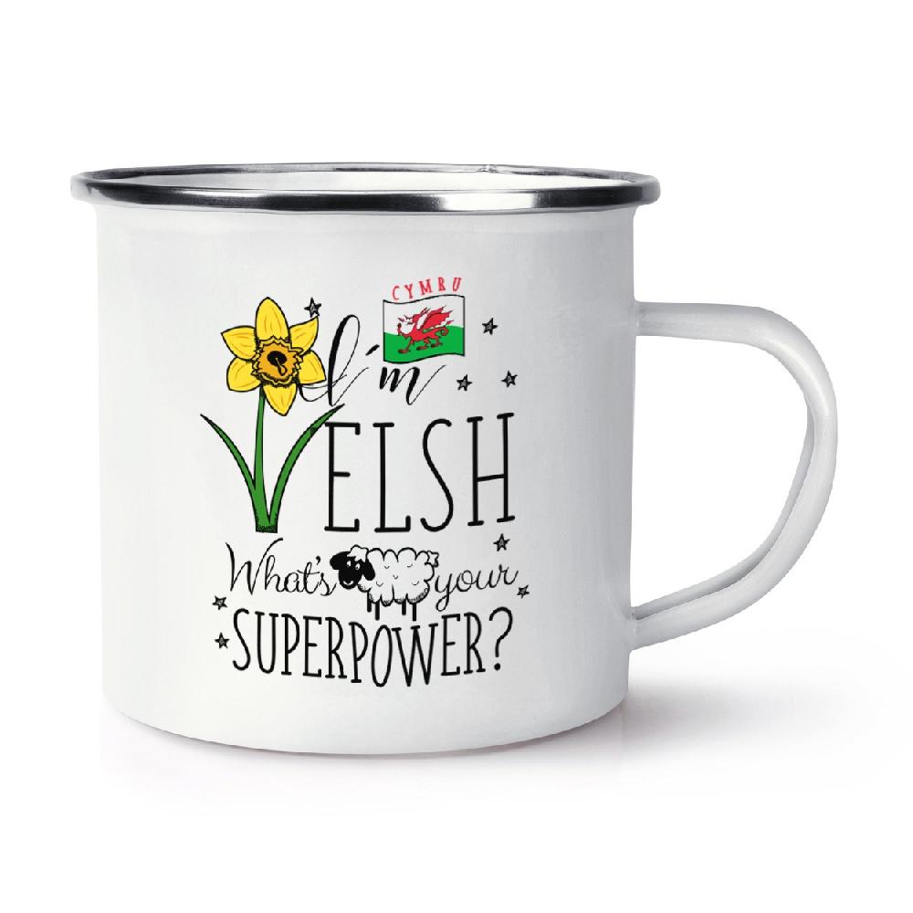 gift base I'm Welsh What's Your Superpower Retro Enamel Mug Cup