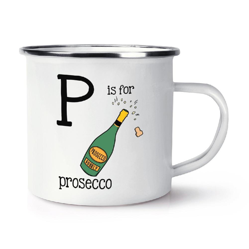 gift base Letter P Is For Prosecco Retro Enamel Mug Cup