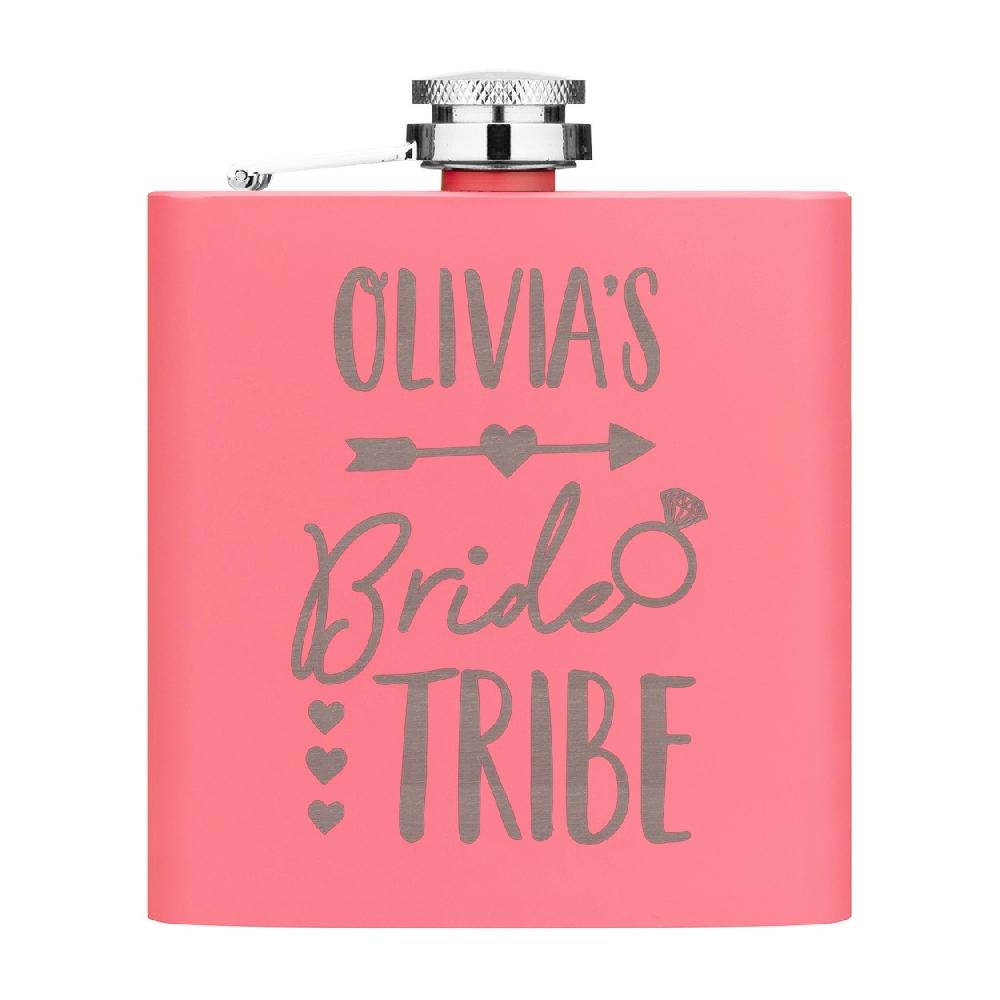 gift base Personalised Bride Tribe Name Date 6oz Hip Flask Matte Pink Stainless Steel Wedding Custom Hen Do