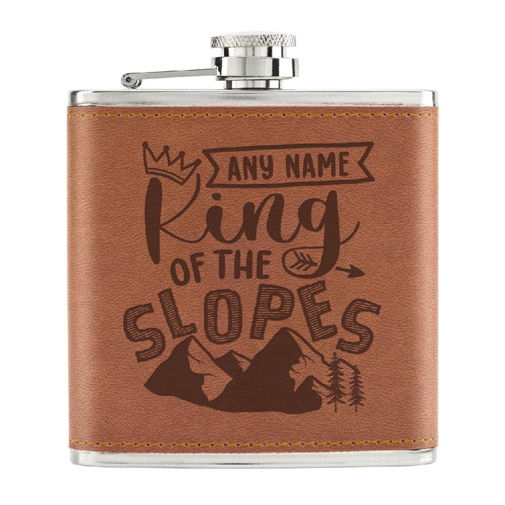gift base Personalised King Of The Slopes 6oz PU Leather Hip Flask Tan gift base Personalised King Of The Slopes 6oz PU Leather Hip Flask Tan