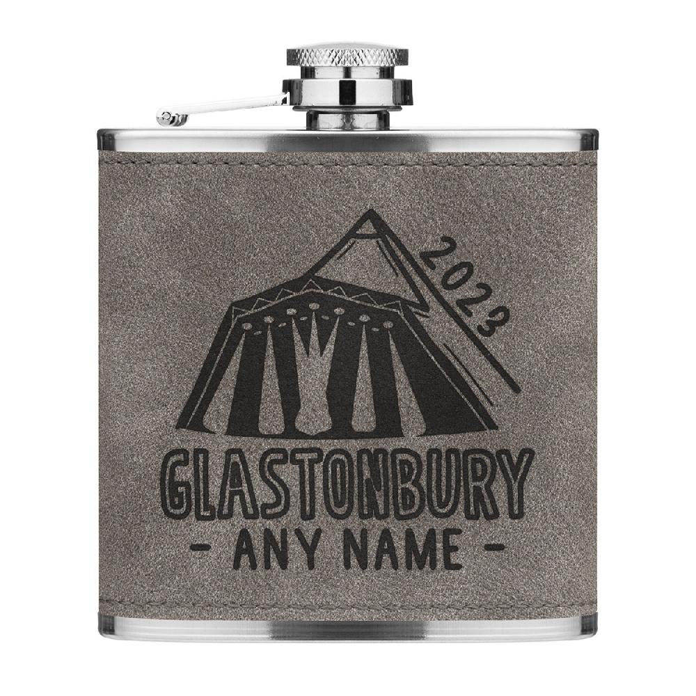 gift base Personalised Name And Date Glastonbury Inspired 6oz PU Leather Hip Flask Grey Luxe