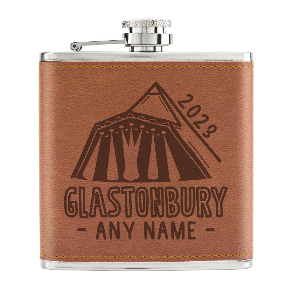 gift base Personalised Name And Date Glastonbury Inspired 6oz PU Leather Hip Flask Tan