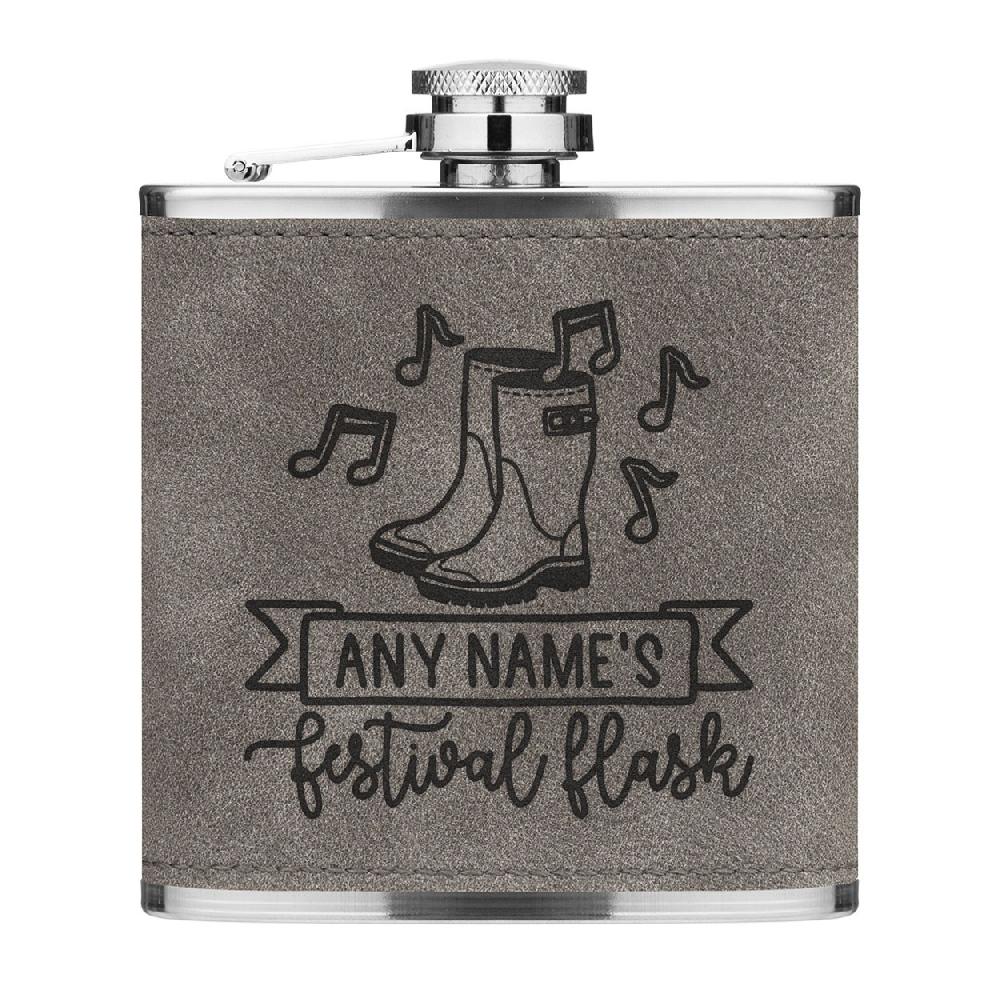 gift base Personalised Name's Festival Flask 6oz PU Leather Hip Flask Grey Luxe
