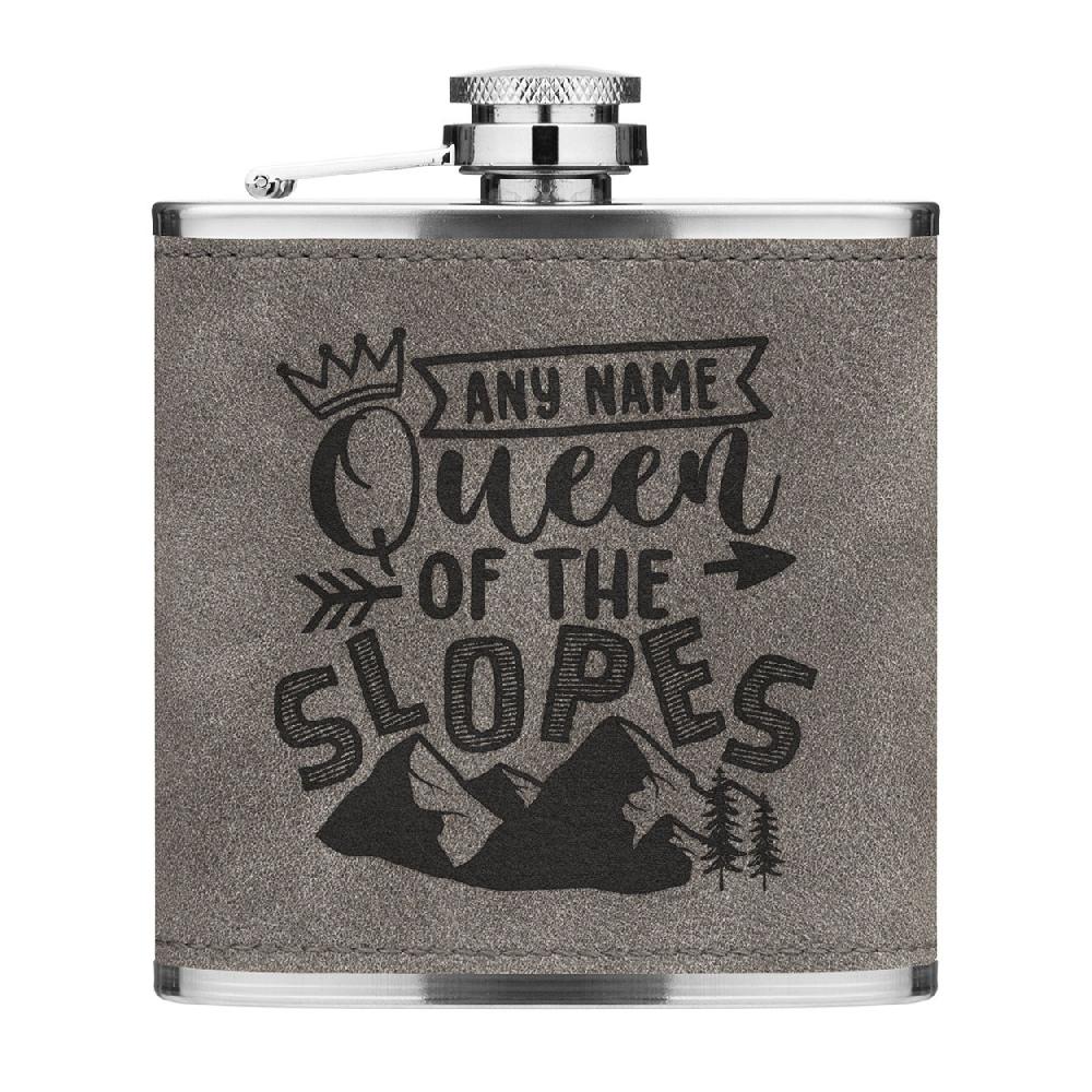 gift base Personalised Queen Of The Slopes 6oz PU Leather Hip Flask Grey Luxe