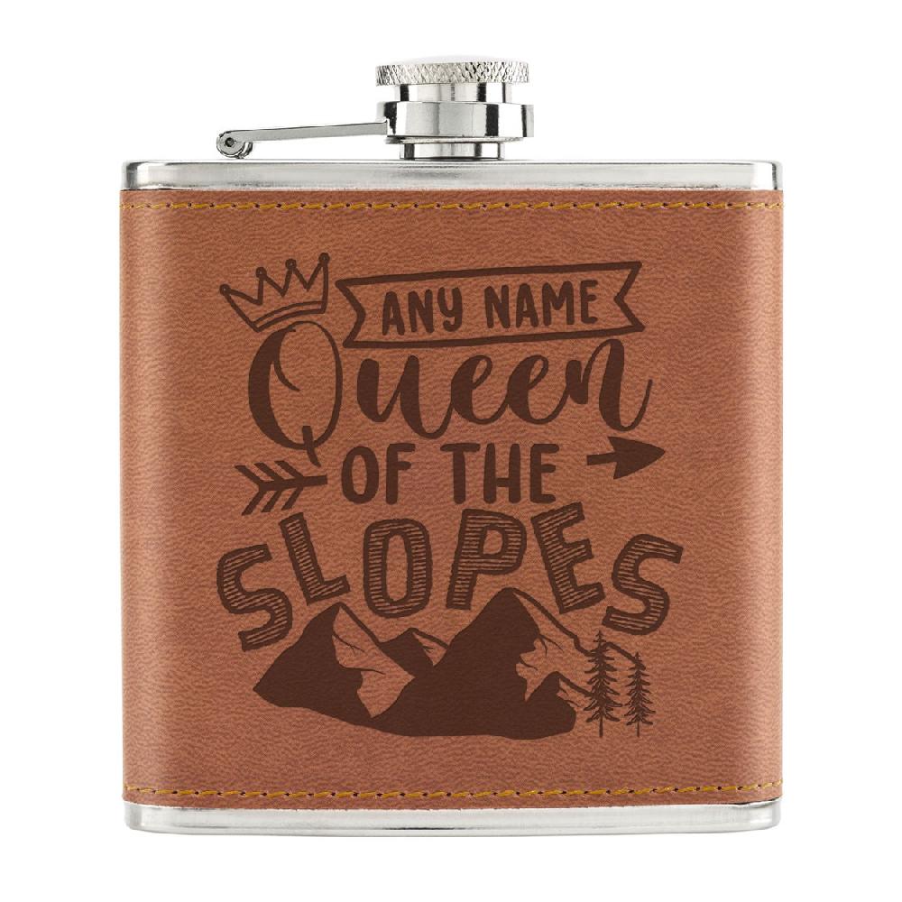 gift base Personalised Queen Of The Slopes 6oz PU Leather Hip Flask Tan gift base Personalised Queen Of The Slopes 6oz PU Leather Hip Flask Tan