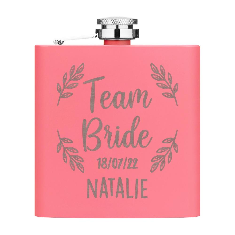 gift base Personalised Team Bride Wreath Name Date 6oz Hip Flask Matte Pink Stainless Steel Wedding Custom Hen Do