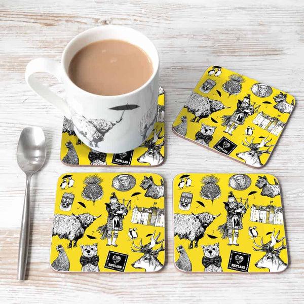 Gillian Kyle Love Scotland Set Of 4 Coasters - Yellow