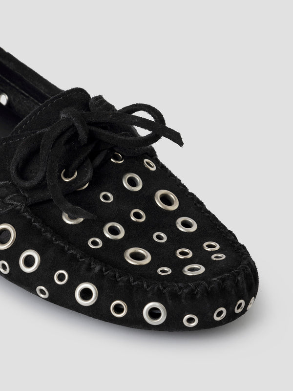 Gimaguas Car Shoes Eyelets Black Suede Loafers For Women With Silver Eyelets