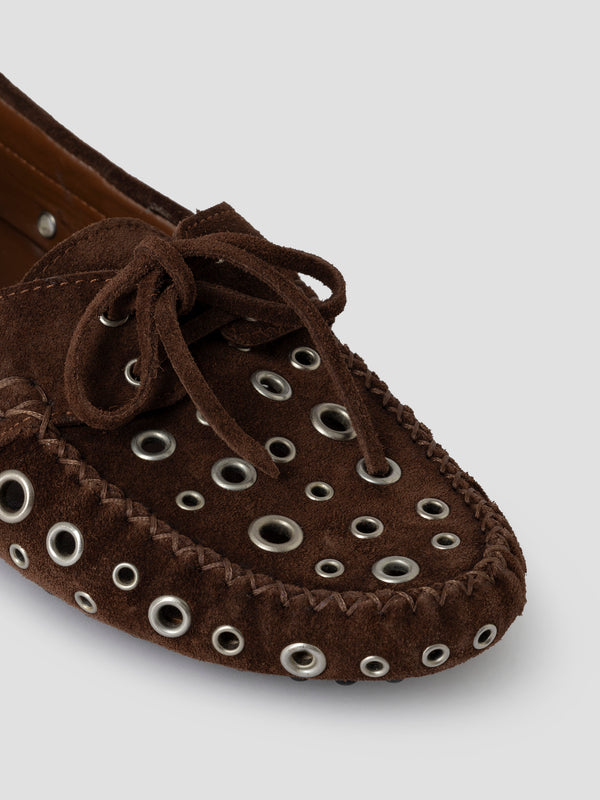 Gimaguas Car Shoes Eyelets Brown Suede Loafers For Women With Silver Eyelets