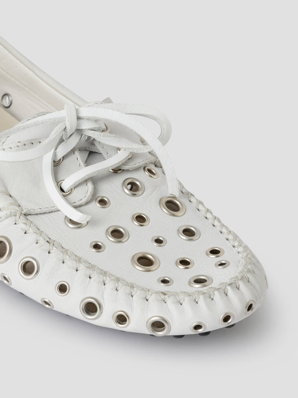 Gimaguas Car Shoes Eyelets White Leather Loafers For Women With Silver Eyelets