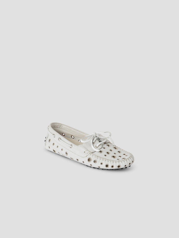 Gimaguas Car Shoes Eyelets White Leather Loafers For Women With Silver Eyelets
