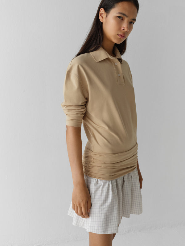 Gimaguas Chico Dress Beige Long-sleeve Polo Dress For Women With Checkered Skirt