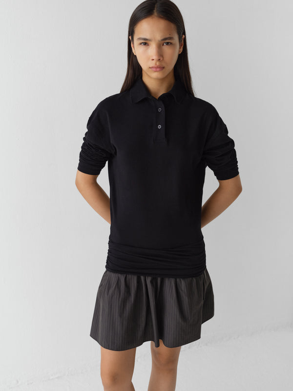 Gimaguas Chico Dress Black Long-sleeve Polo Dress For Women With Striped Skirt