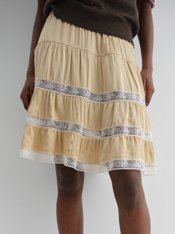 Gimaguas Cielo Skirt Beige Satin Low-rise Midi Skirt For Women With Lace Trim