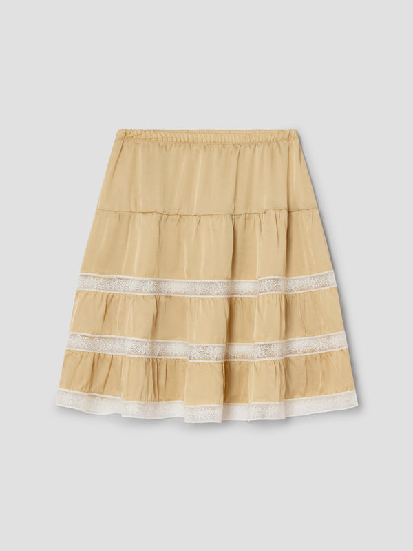 gimaguas Cielo Skirt Beige satin low-rise midi skirt for women with lace trim