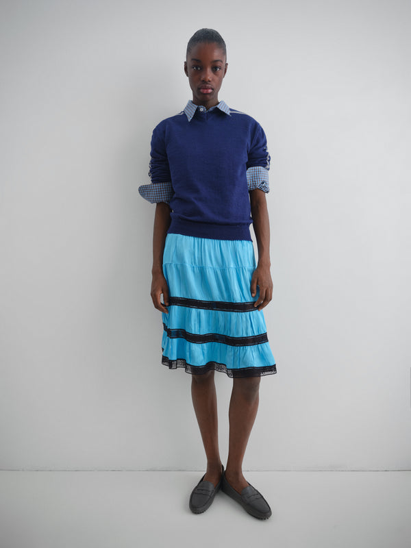 Gimaguas Cielo Skirt Light Blue Satin Low-rise Midi Skirt For Women With Lace Trim