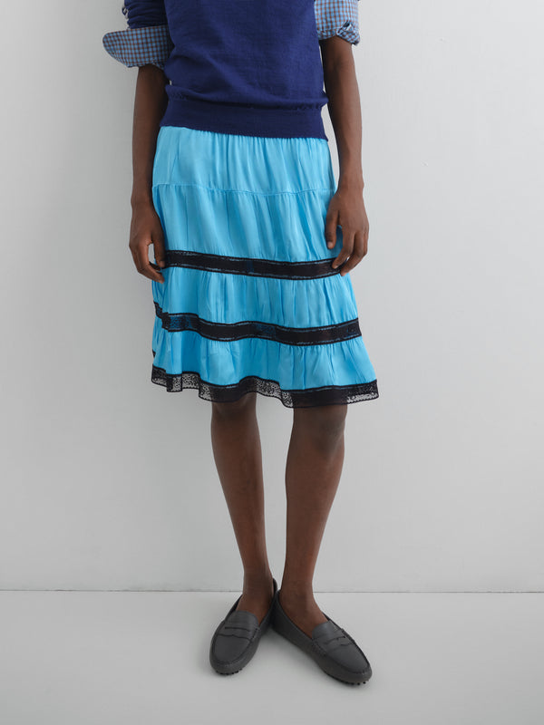 Gimaguas Cielo Skirt Light Blue Satin Low-rise Midi Skirt For Women With Lace Trim