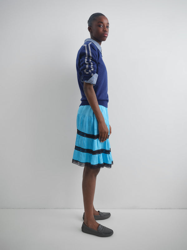 Gimaguas Cielo Skirt Light Blue Satin Low-rise Midi Skirt For Women With Lace Trim