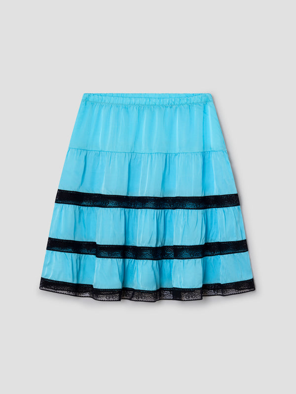 gimaguas Cielo Skirt Light blue satin low-rise midi skirt for women with lace trim