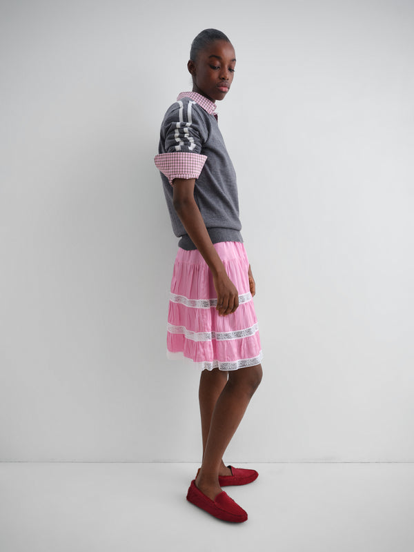 Gimaguas Cielo Skirt Pink Satin Low-rise Midi Skirt For Women With Lace Trim