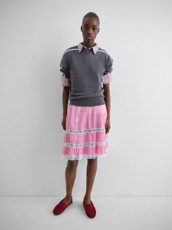 Gimaguas Cielo Skirt Pink Satin Low-rise Midi Skirt For Women With Lace Trim