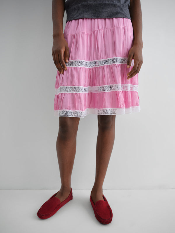 Gimaguas Cielo Skirt Pink Satin Low-rise Midi Skirt For Women With Lace Trim