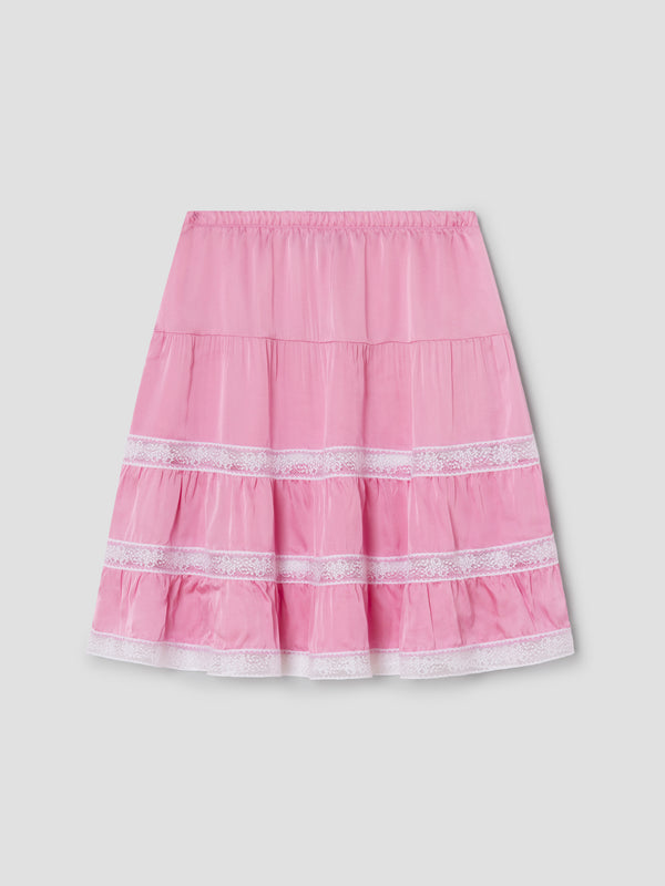 gimaguas Cielo Skirt Pink satin low-rise midi skirt for women with lace trim