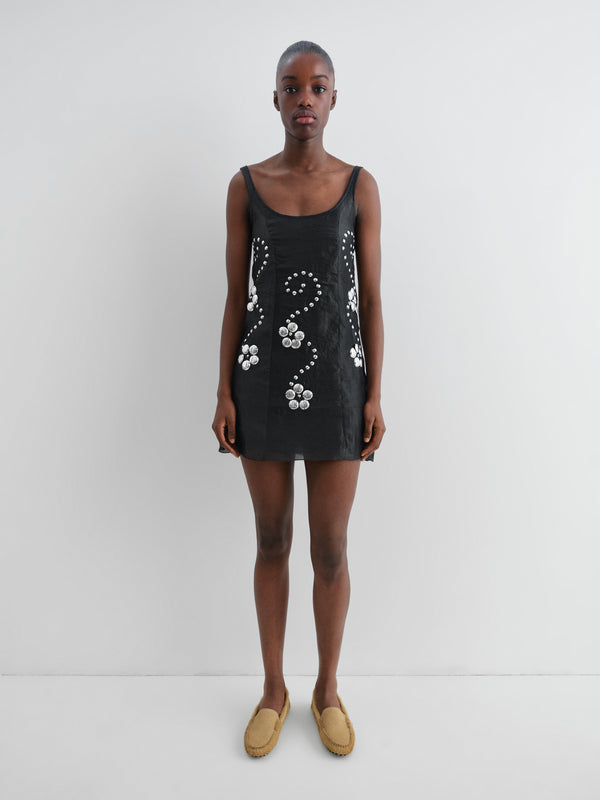 Gimaguas Claude Studs Dress Black Sleeveless Mini Dress For Women With Floral Studs